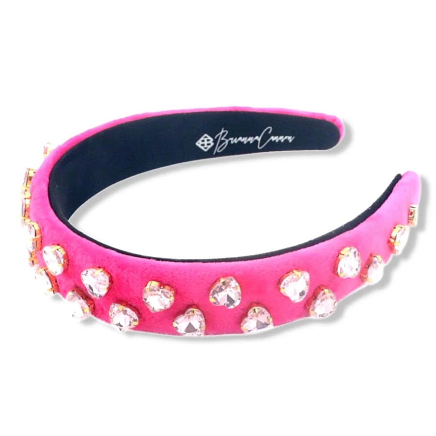 Women Brianna Cannon | Thin Hot Pink Velvet Headband With Light Pink Heart Crystals