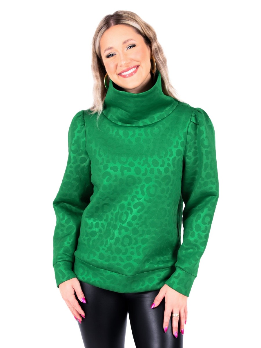 Women Emily McCarthy Tops | Fallon Funnel Neck-Evergreen Cheetah