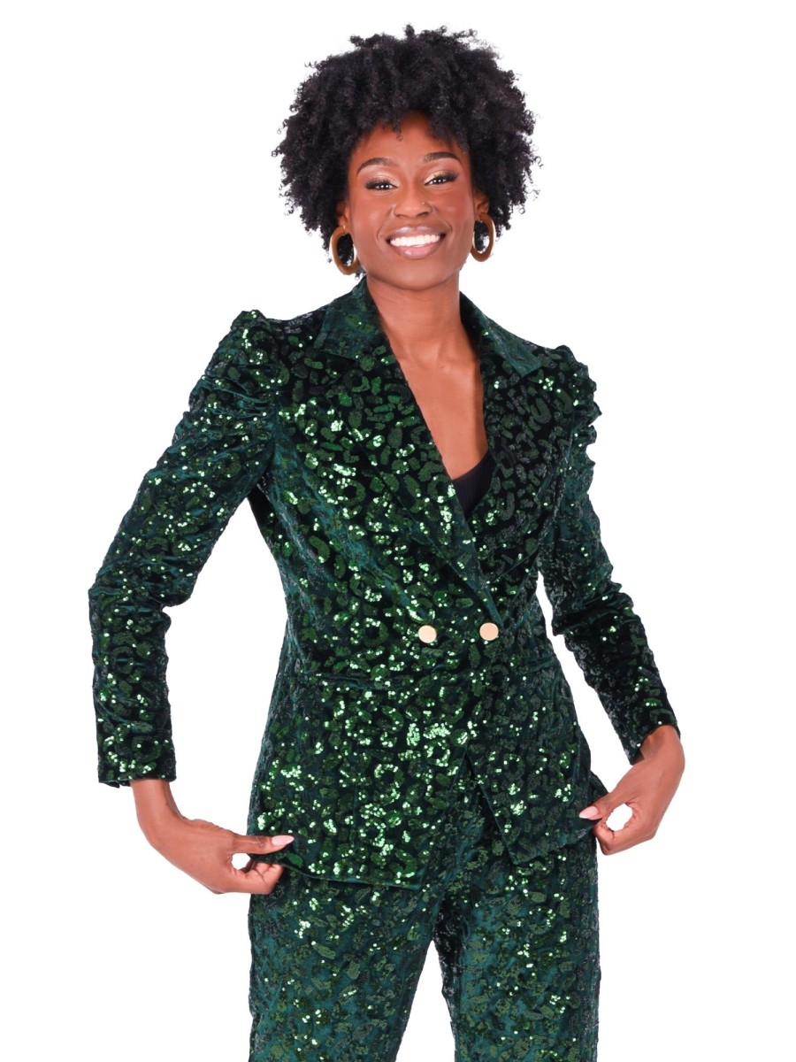 Women Emily McCarthy Sweaters & Outerwear | Bradshaw Blazer-Green Sequin Cheetah