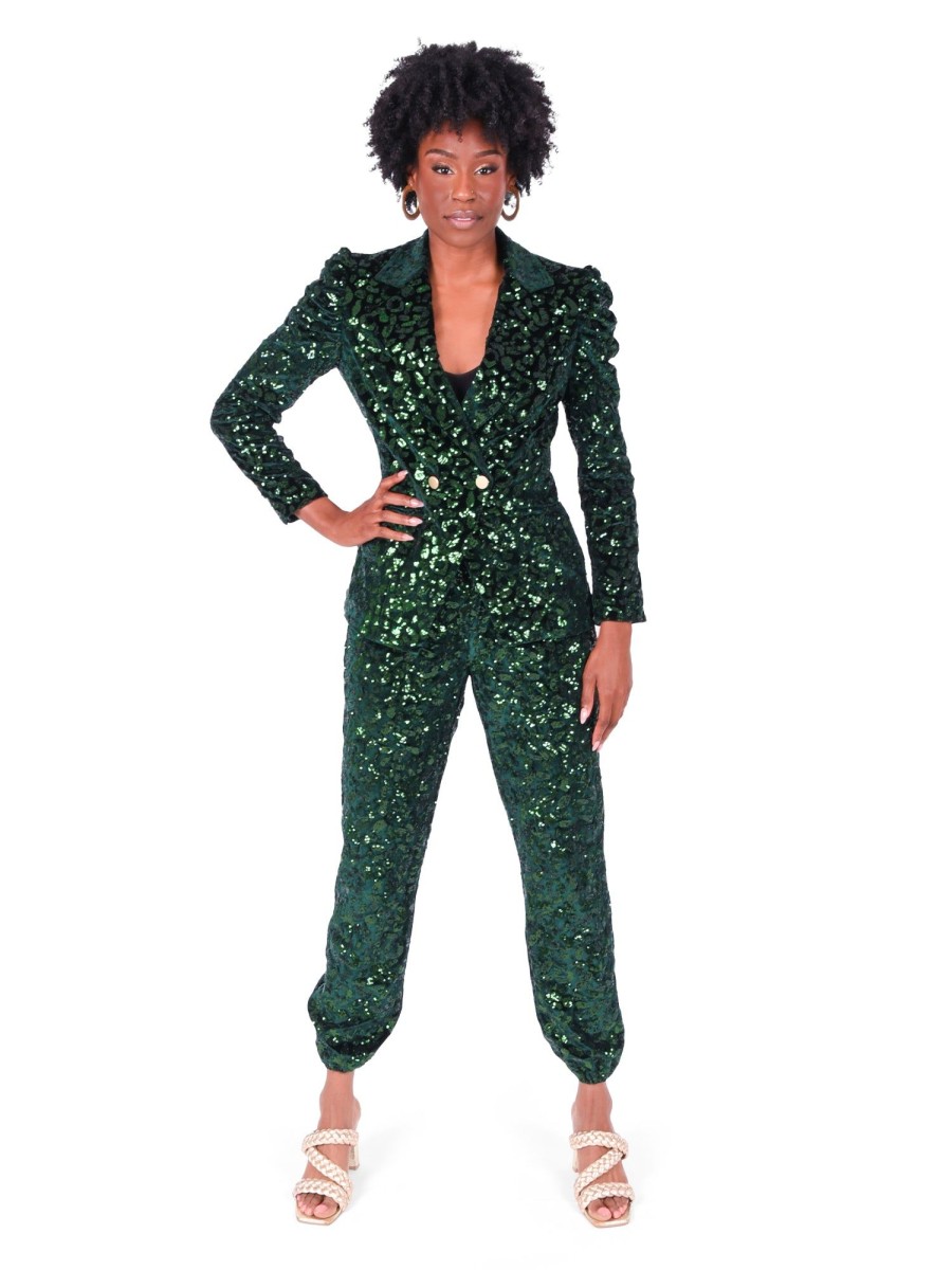 Women Emily McCarthy Sweaters & Outerwear | Bradshaw Blazer-Green Sequin Cheetah