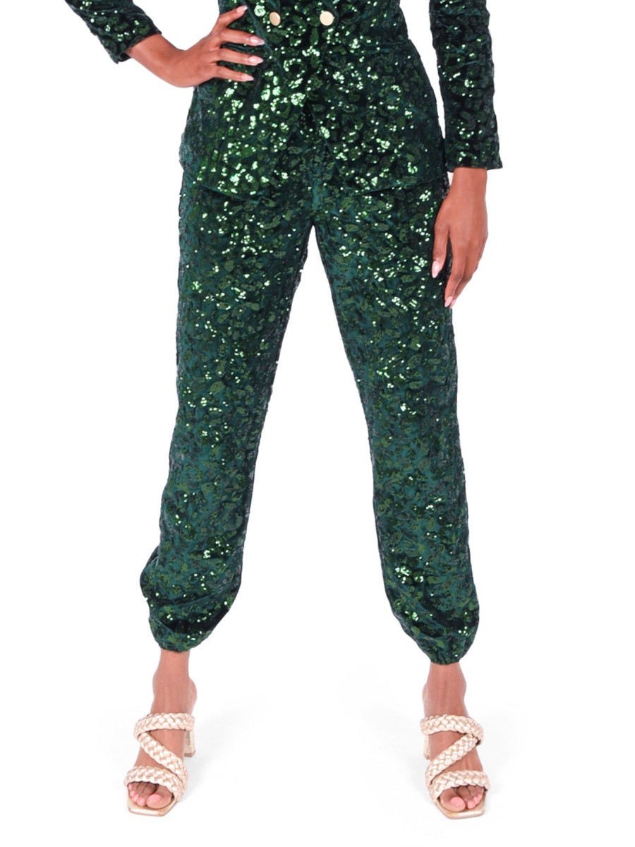 Women Emily McCarthy Bottoms | Downtown Jogger-Green Sequin Cheetah